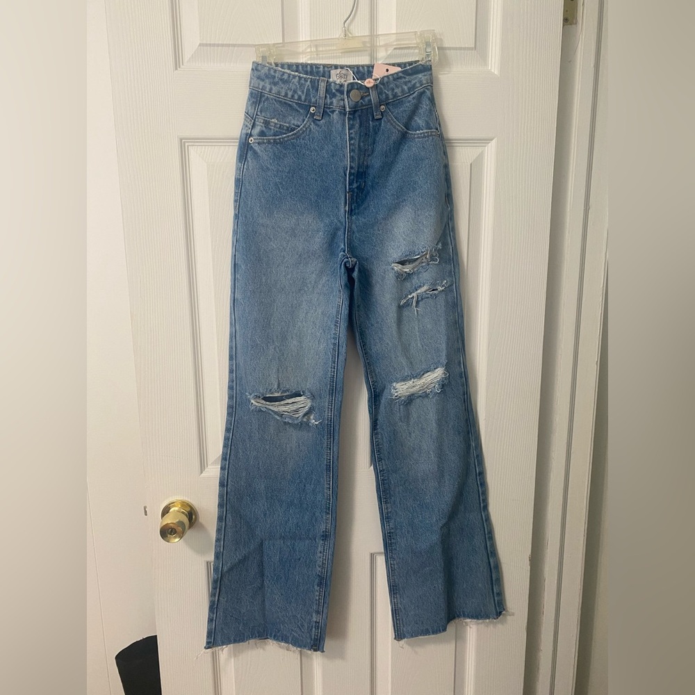 Oh Polly Blue Distressed Flare Jeans US0